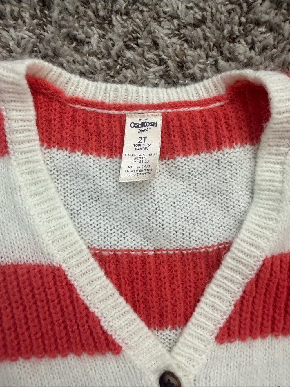 OshKosh B'gosh White & Coral Striped V-Neck Button Cardigan